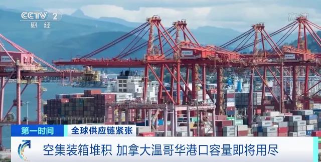 央视：加拿大港口也堵了！空集装箱堆积，温哥华港口容量即将用。〕龌跚氚盐
