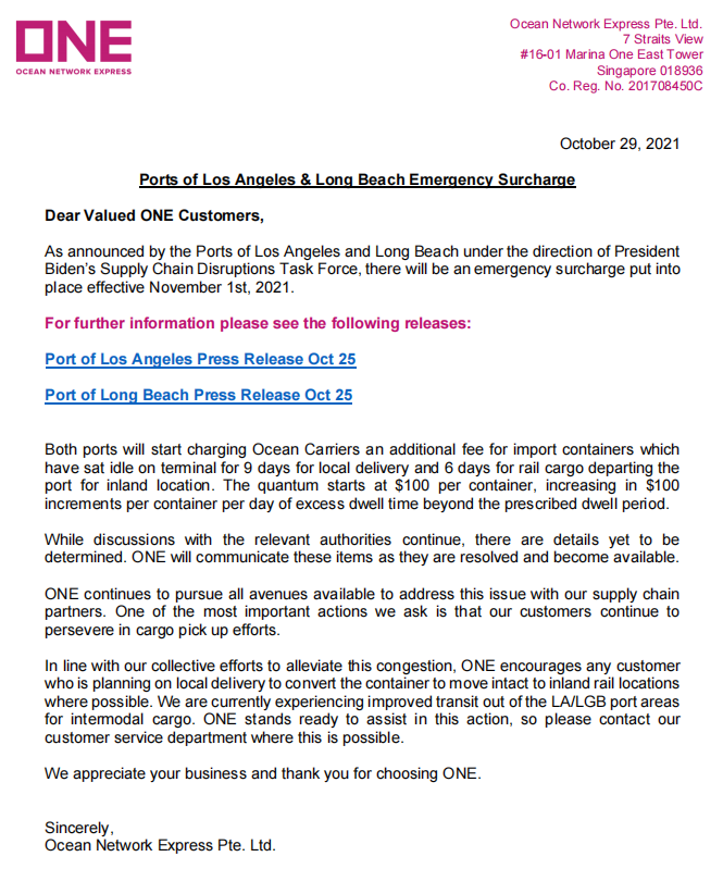 几大船公司就洛杉矶/长滩港收取巨额滞留费颁布通知，诠释用度有关细节
